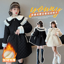 童装女童棉服冬装长款小香风收腰棉衣2024洋气中大儿童加绒棉袄厚