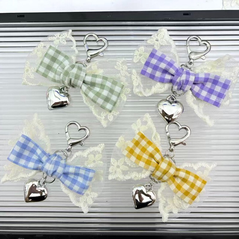 New French Girly Style Lace Bow Pendant Sweet Plaid Butterfly Mobile Phone Keychain Bag Accessories