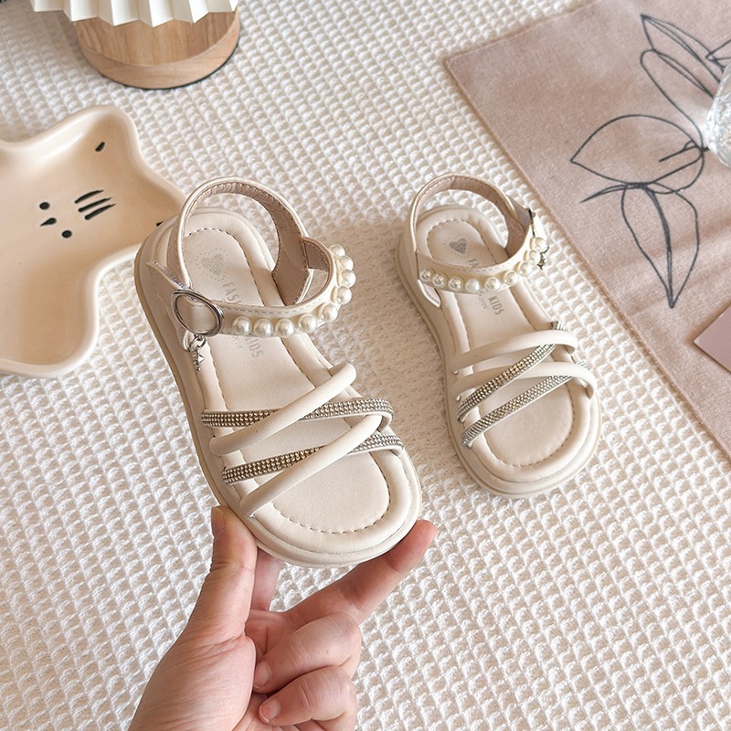 Sandali da bambina con perle e strass, nuovo stile estivo, suola morbida, scarpe romane a punta aperta da principessa per bambine._voghion.com