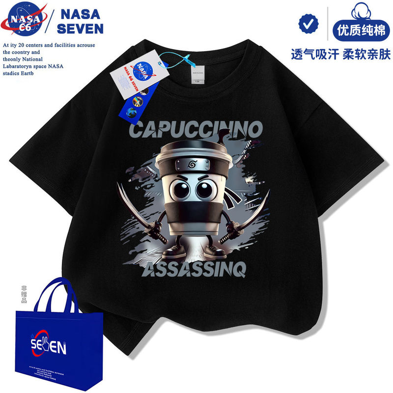 NASA 外山海経サメ忍者半袖ボーイズ 2025 新しいウッドスティックマンピュアコットン Tシャツ中大型子供用トップ|undefined