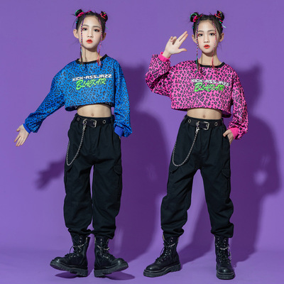 Children girls blue pink leopard jazz dance dress tide cool summer fashion hip hop dance children suit costumes that show 