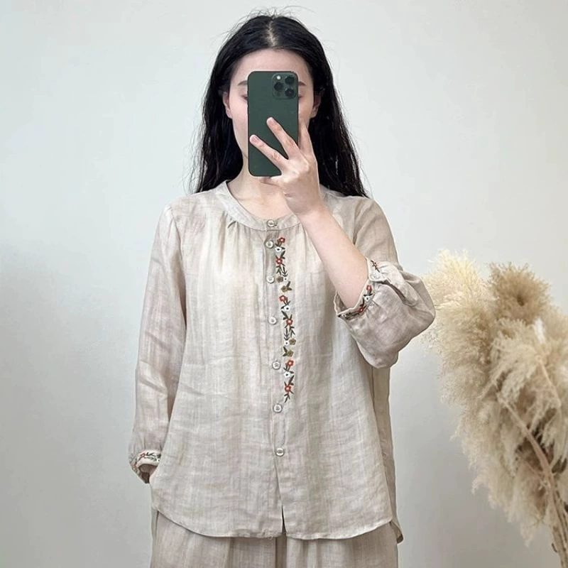 Новая китайская хлопчатобумажная вышитая рубашка с семипроцентным рукавом женская летняя легкая страна ретро тонкая повседневная футболка топ