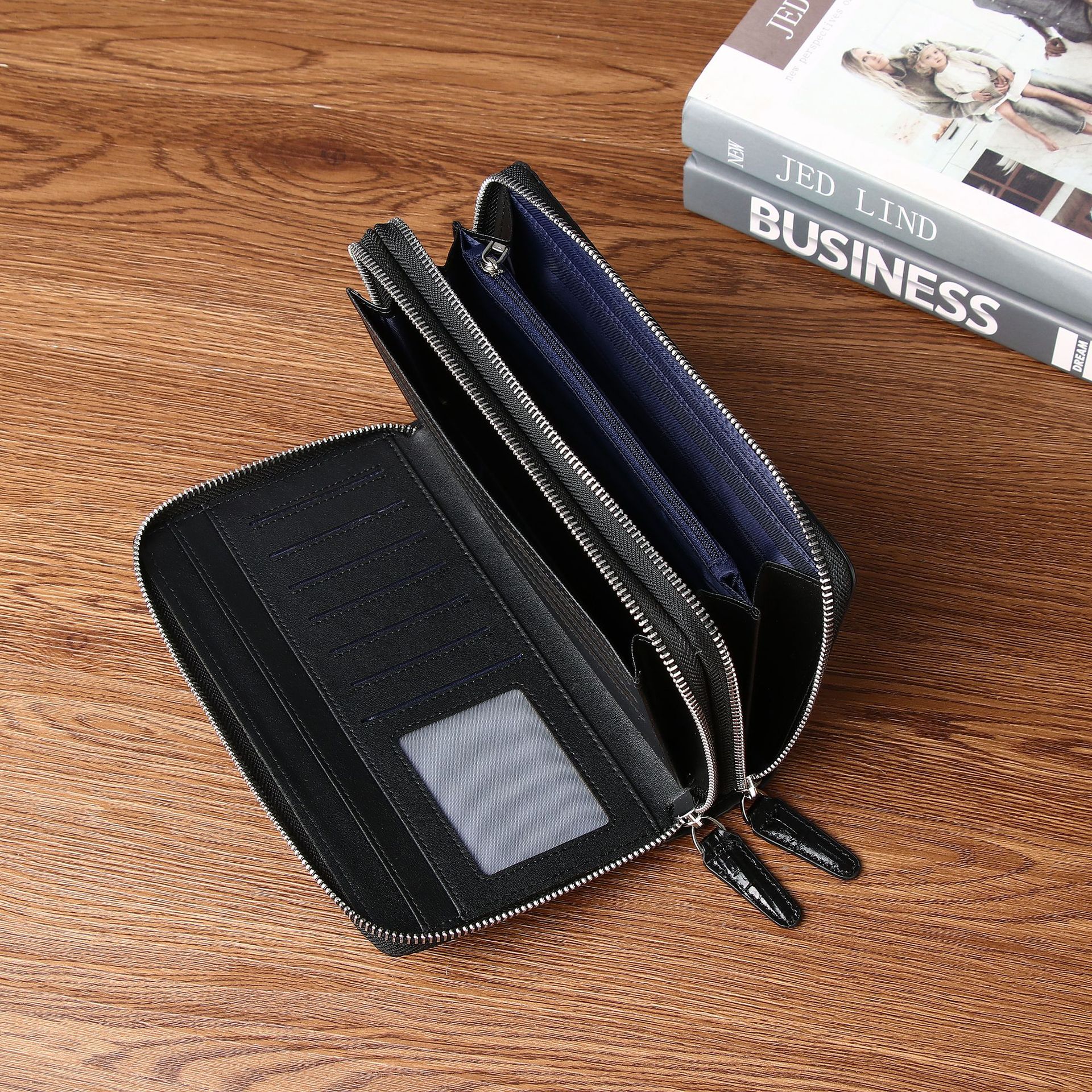 Túi clutch nam họa tiết da cá sấu khóa kéo đôi nhiều ngăn thẻ chi tiết 7