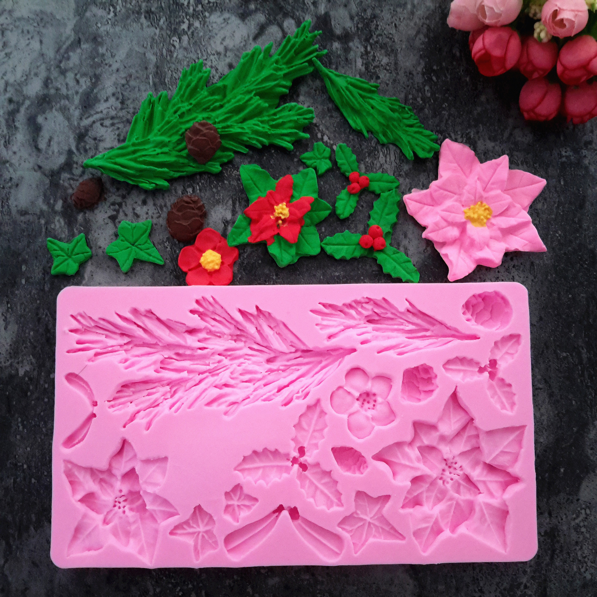 Fondant molde de silicona Flor de Navidad deja molde de pastel molde de chocolate de ritmo seco molde de arcilla ultraligera