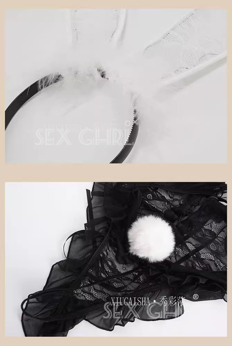Bunny Girl Lace Bodysuit Costume Set with Black Fishnet Stockings, One Size — detail image 20