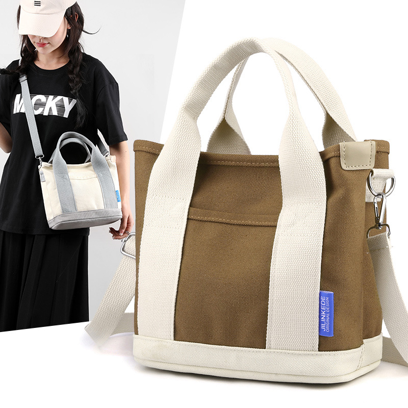 Cross-border canvas bag women's bag 2023 autumn and winter New contrast color tote bag casual simple fashion portable shoulder bag