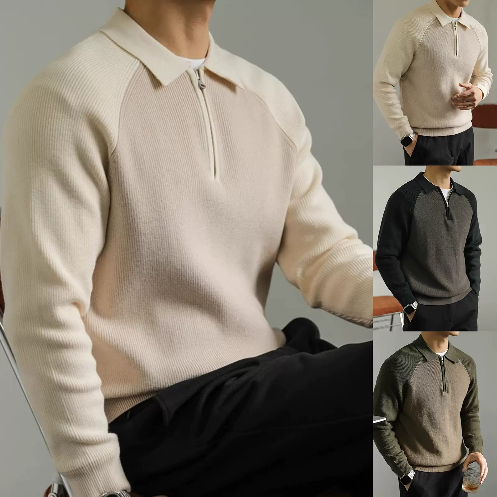 秋冬新款针织衫毛衣男POLO衫翻领插肩半拉链轻奢商务外贸跨境批发
