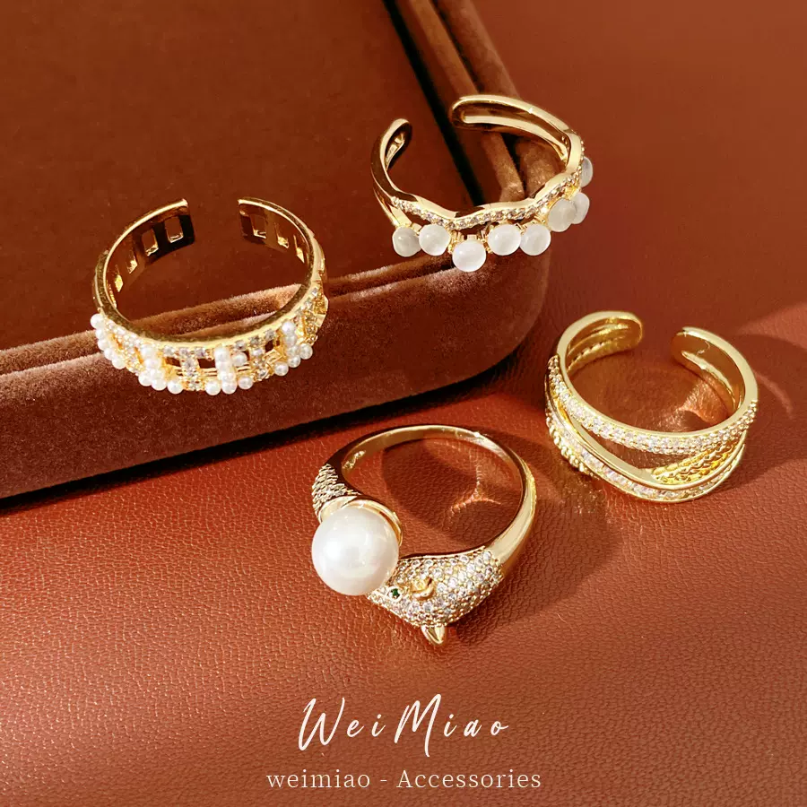 镶锆石交叉镂空珍珠开口戒指小众高级感指环精致气质时尚百搭手饰