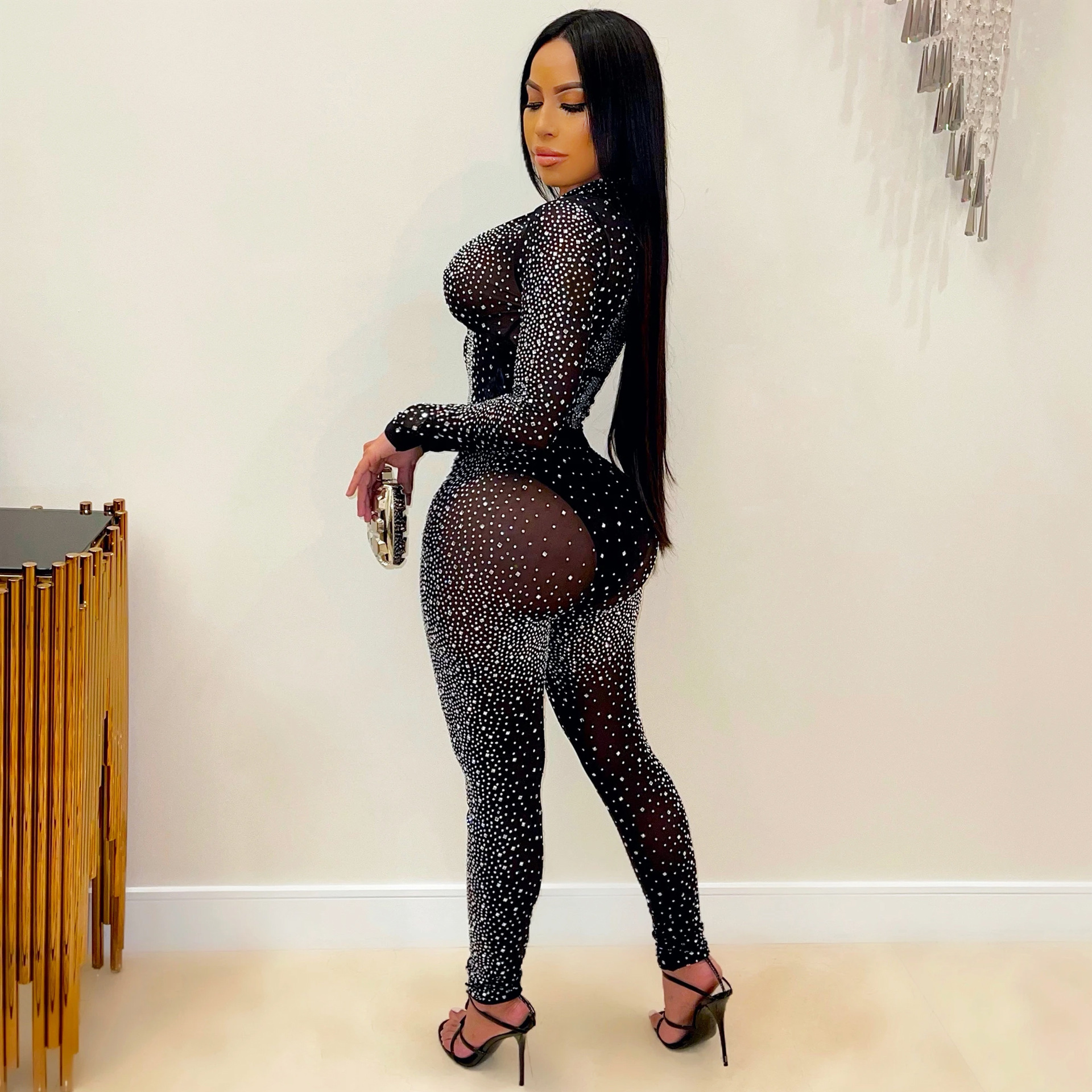 Nightclub Rhinestone V-neck Long-Sleeved Trousers Women Two Piece Suit