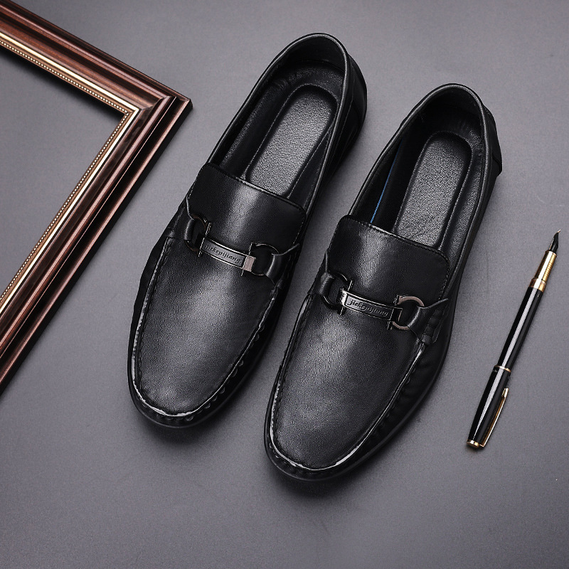 New Genuine Leather Beanie Shoes for Men, Casual Leather Shoes for Men, Breathable Slip-Ons, Crocodile Head Layer Cowhide Shoes, Wenzhou