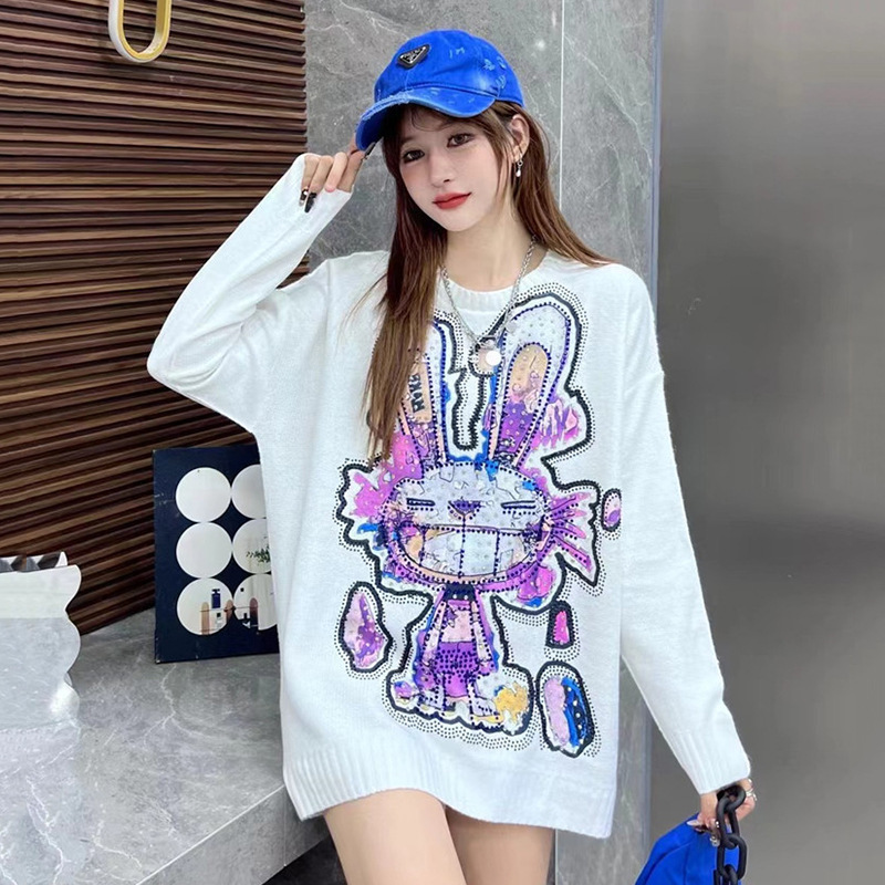 2025 European Fashion Trendy Autumn New Mid-Length Loose Oversized Cartoon Print Rabbit Long-Sleeve Crew Neck Sweater