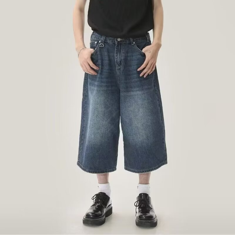 Summer American Style High Street Retro Jeans Men's Niche Casual Loose Old Cropped Pants Trendy Design Niche