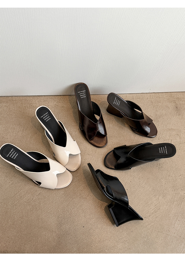 Sandal cao gót nữ hở mũi quai ngang da thật gót 8 cm — màu nâu, màu đen, màu trắng chi tiết 21