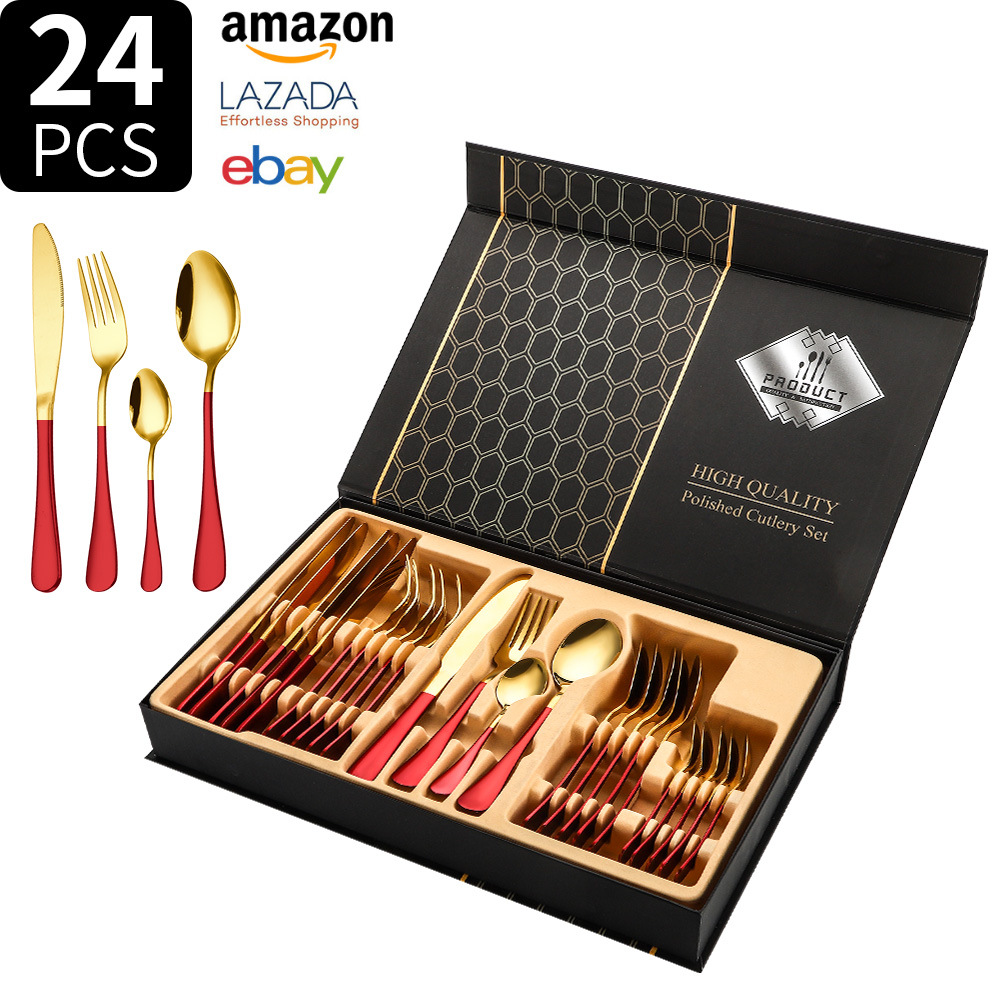 Juego de vajilla de acero inoxidable Transfronterizo Amazon 1010 juego de 24 piezas de vajilla occidental bistec cuchillo tenedor cuchara juego de caja de regalo
