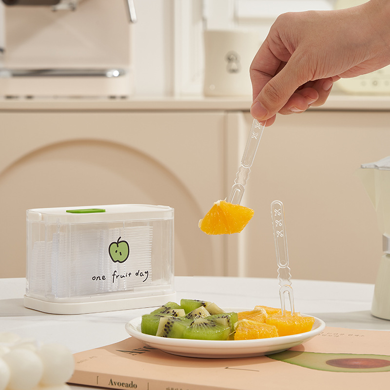 Caja de almacenamiento de tenedor de fruta tipo prensa, sensación de alta calidad, lujo ligero, grado alimenticio, hogar portátil, gran capacidad, tenedor pequeño desechable
