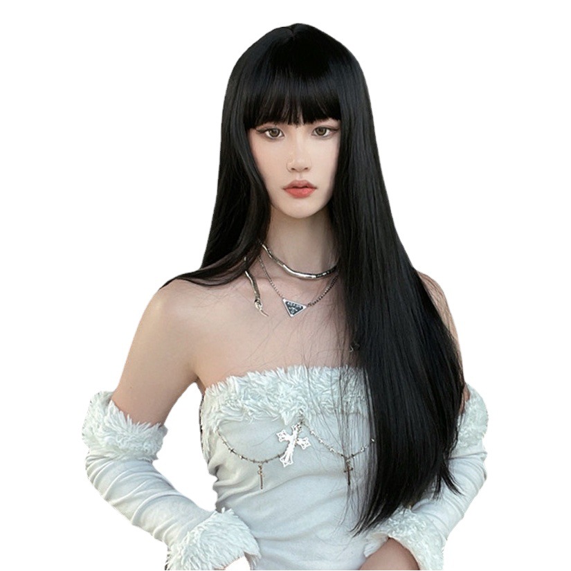 Peluca de dibujos animados peluca femenina negra larga recta europea y americana mullida larga recta pelo Cosplay anime moda peluca superior completa
