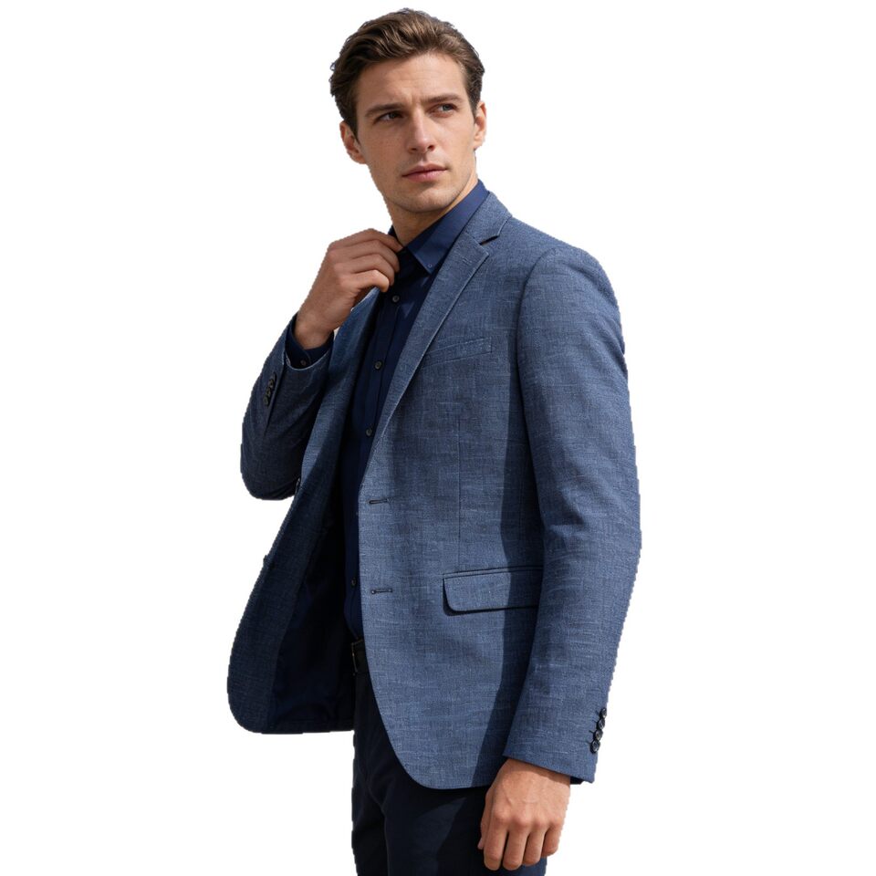 Bộ vest nam công sở không nhăn dáng ôm hai món, áo vest cổ bẻ phẳng một hàng hai cúc — Áo màu xanh dương, Màu xanh dương (áo + quần tây)