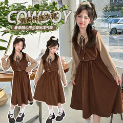 女童春裝連衣裙2024新款韓版洋氣中大童時髦假兩件裙子兒童公主裙