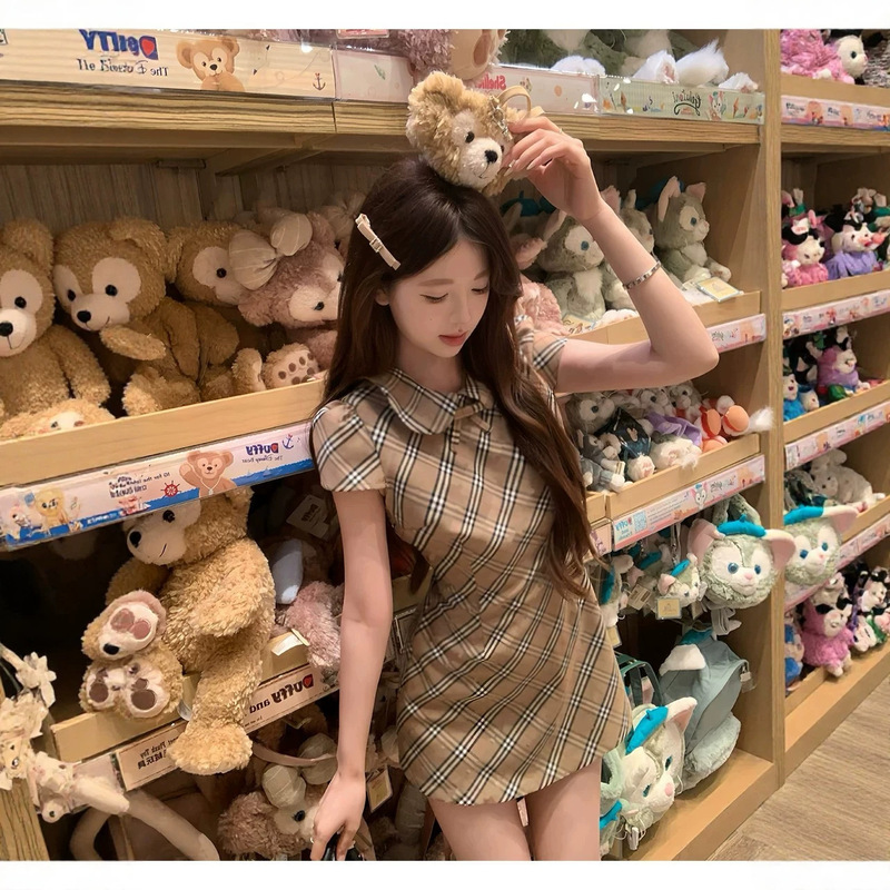 Retro Noble Style Plaid Doll Collar Dress for Women, Summer High-End Elegant Waist-Cinching Slimming Short Dress, Ins Style