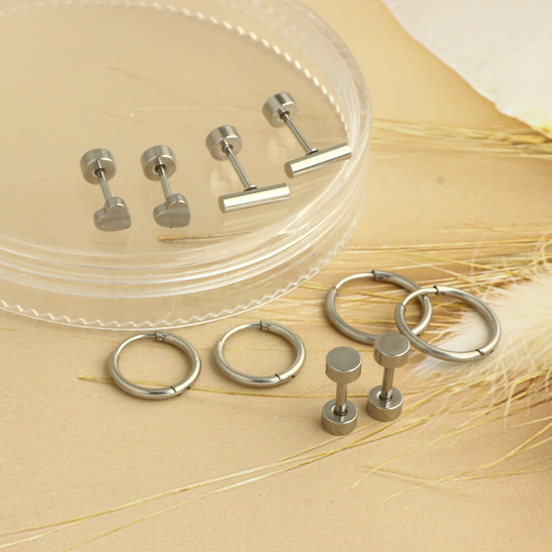 New Love Mini Ear Bone Stud Set - 10-Piece Black Stainless Steel Geometric Flower Earring Set for Women European American Cross-Border Body Piercing Jewelry detail image 7
