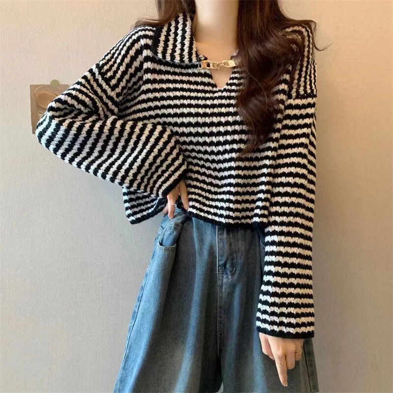韩系秋冬新款翻领链条针织套头衫设计感休闲慵懒风毛衣女软糯上衣|undefined