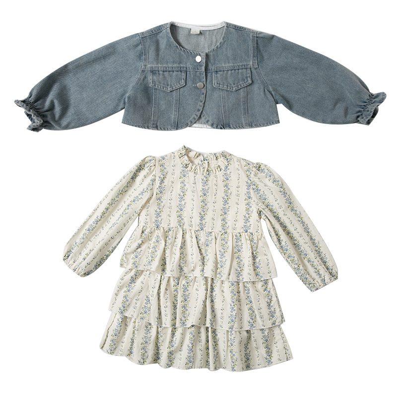 Conjunto de dos piezas para niña falda vaquera con estampado floral – moda primavera-otoño.