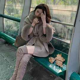 跨境2022年感名媛赫本风毛领皮草毛呢斗篷大衣外套女小个子潮