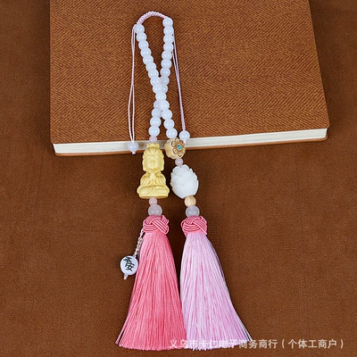 Mirror Decoration Tassel Xiangyun Ruyi Car hanging - peaceful-guanyin-double-tassel-pink