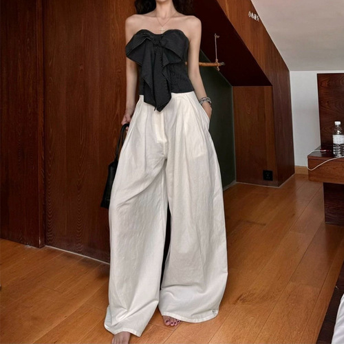 Elegant Style Set for Women - Uncommon Striped Bustier Blouse Top and High-Waisted Wide-Leg Casual Pants Two-Piece Set