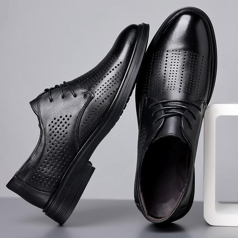 Summer Men's Business Hollow Leather Shoes, Genuine Leather Formal Shoes, British Style Wedding Shoes, First-Layer Cowhide Breathable Perforated Shoes, High-End