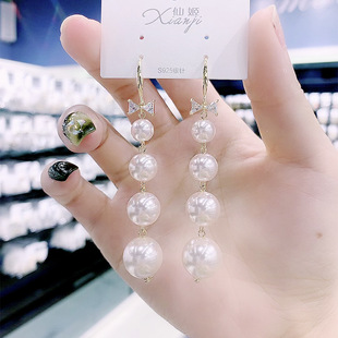 韩国个性新款潮网红感水晶蝴蝶结珍珠耳钩时尚百搭耳环耳饰女