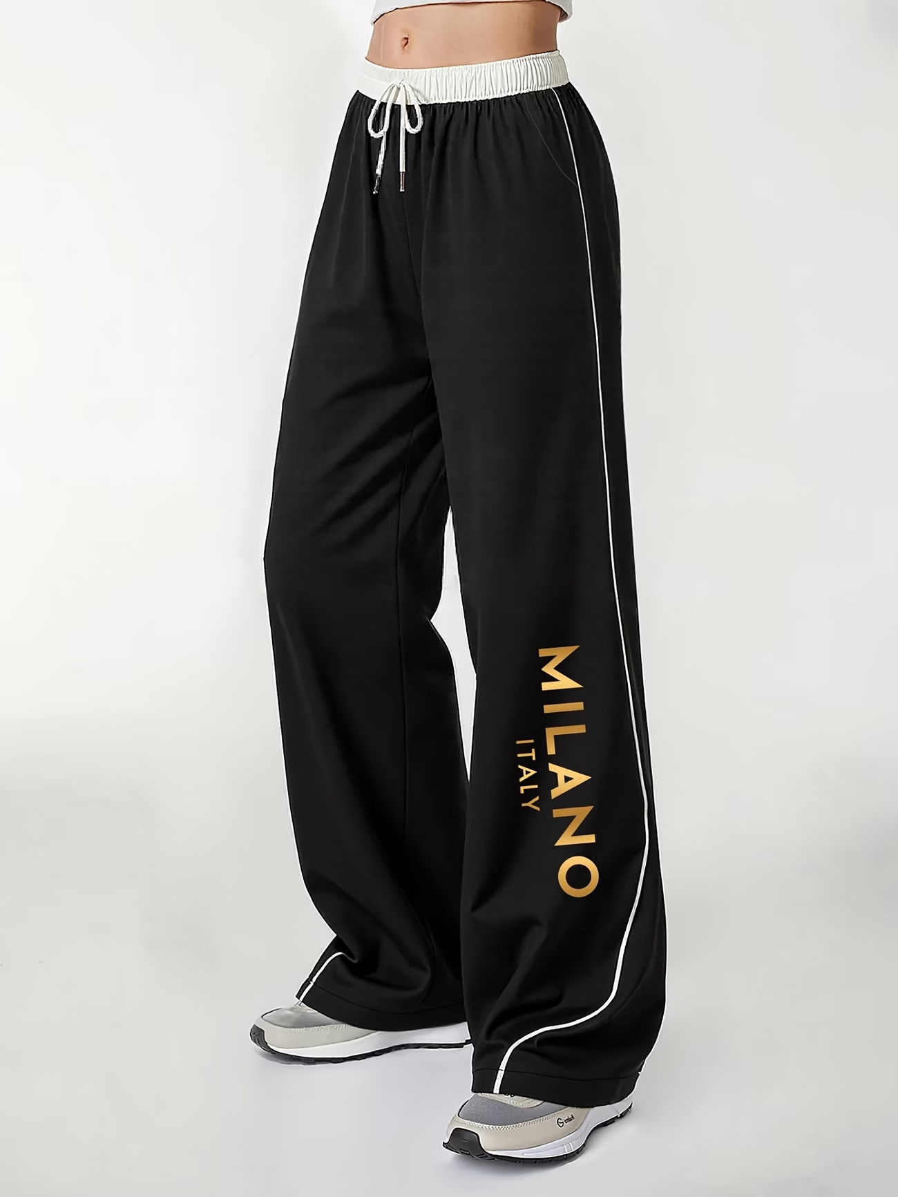 Gold Milan Print Loose-fitting Spring And Autumn Women's Casual Elastic Waist W'w Wide-leg Pants_ecoleips.com