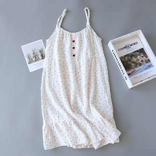 Cotton Crepe Nightgown Women's Spring and Summer Thin Washed Gauze Sling Nightgown Casual Printed Home Dress