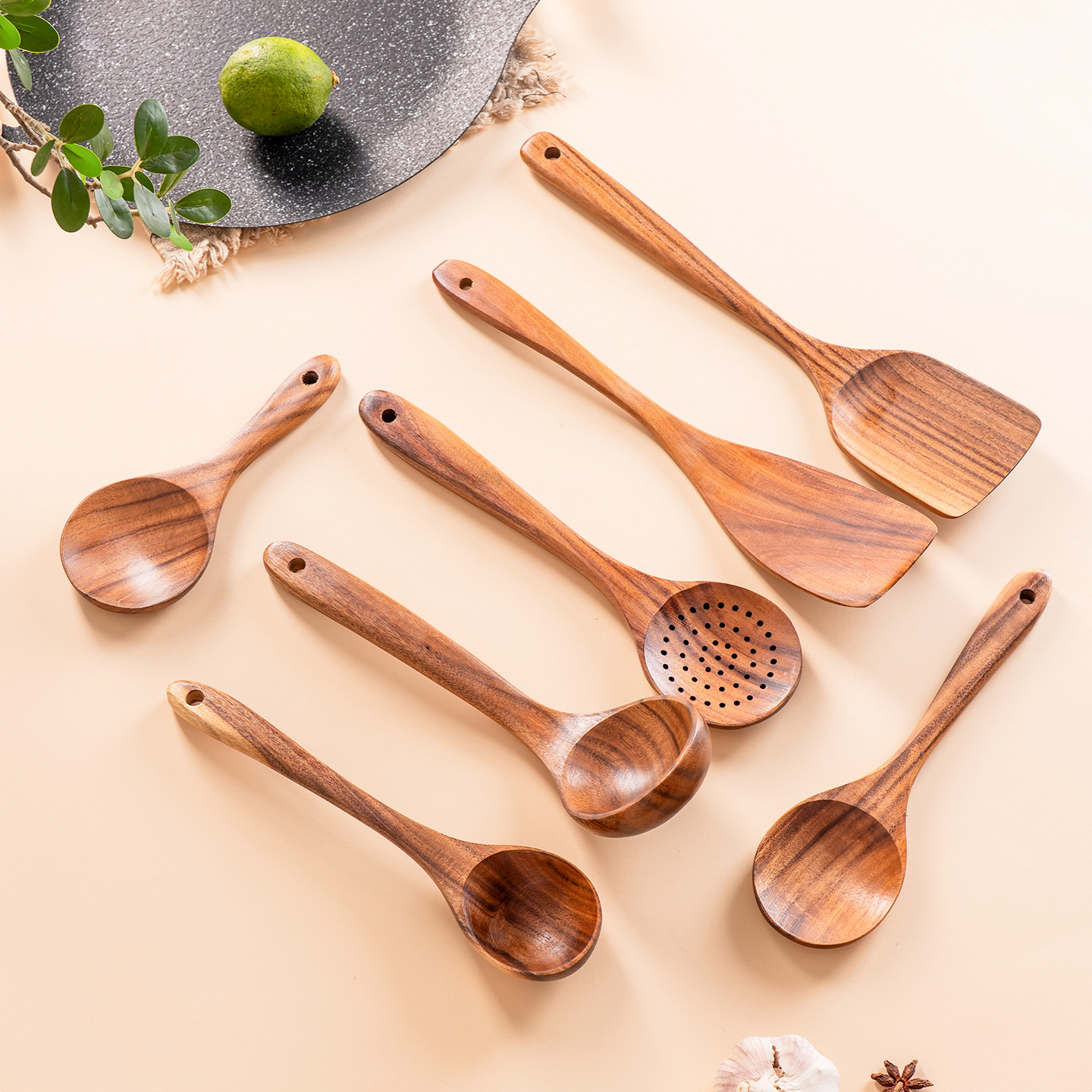 Juego de teca de Amazon, sartén antiadherente de madera de acacia, espátula especial para cocinar en casa, tenedor para ensaladas, cuchara para sopa con fugas