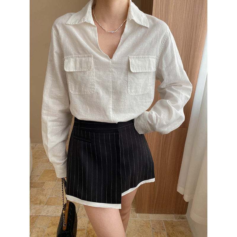 Sinan casual old money style linen gender-free design double pocket simple temperament V-neck shirt SN7246