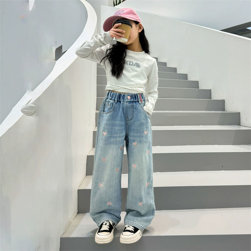 Denim Trousers Teen, Embroidered Hearts, Spring–Autumn Wide-Leg, Sizes 120–170 cm