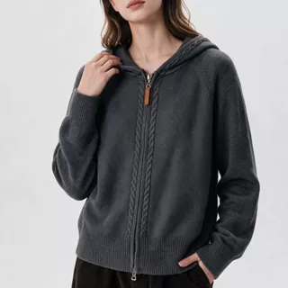 复古轻熟连帽双拉链针织开衫女松弛感休闲百搭长袖外套毛衣上衣冬