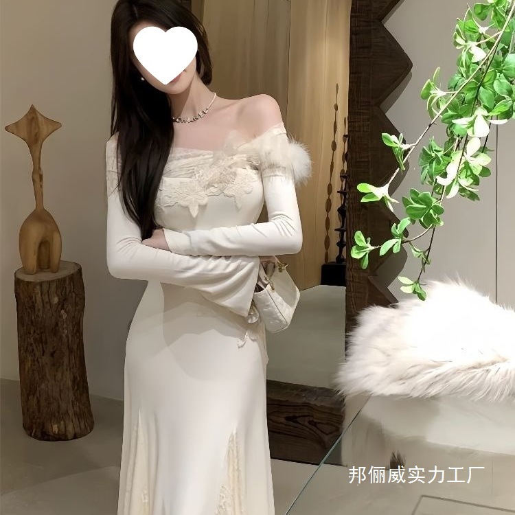 New Lace Splicing Chic Long-Sleeved Dress with Waist Slimming Look Long Skirt Design 2025 Autum Pure Lust Style