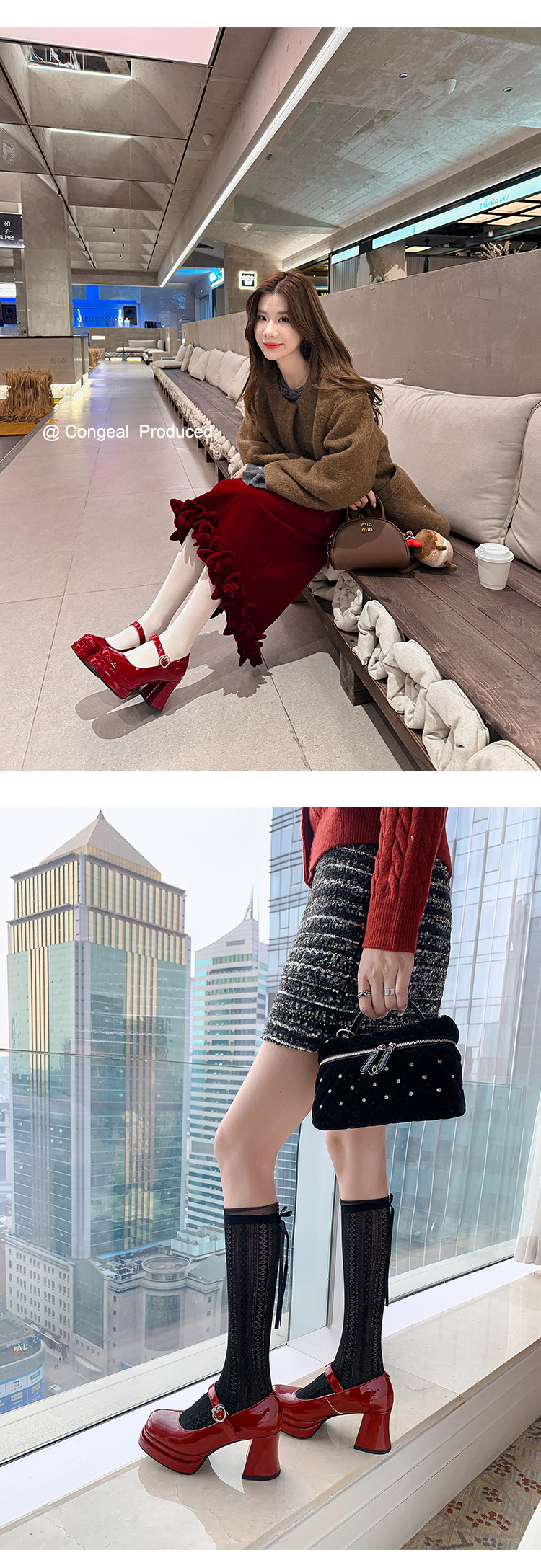 Giày cao gót Mary Jane đế xuồng mũi vuông phong cách cổ điển — Trần truồng hồng, màu đen, màu đỏ chi tiết 19