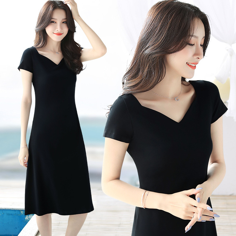 Summer Women's plus size Black dress Women's Mid-length Slimming Stretch Chicken Heart V-neck Short-sleeved A- line Long Dress Summer Women's plus size Black dress Women's Mid-length Slimming Stretch Chicken Heart V-neck Short-sleeved A- line Long Dress