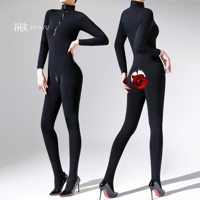 Zipper Warm Jumpsuit Autumn and Winter Fleece High-Neck Slim-Fit Shaping Unisex Open-Crotch Sexy Bodystocking Full-Body Stockings