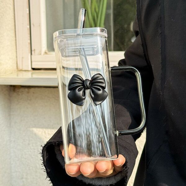 Transparent square coffee glass with glass with bow