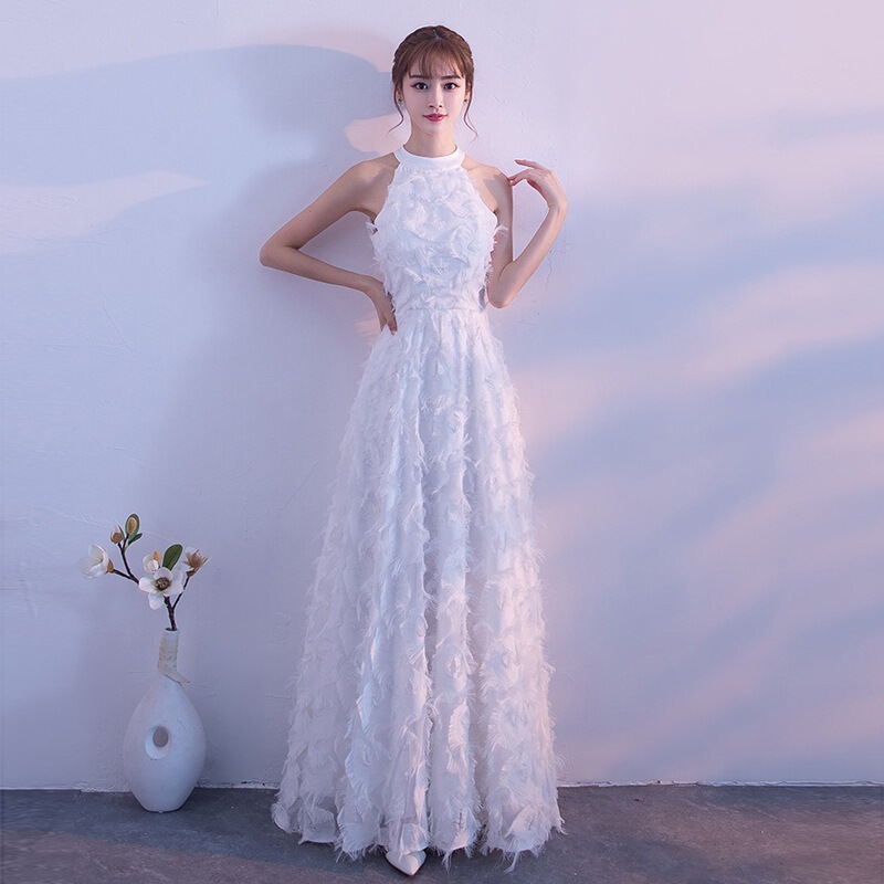 Fringed Feather Neck Shoulder-off Fashionable Atmosphere Slimming Maxi Dress Evening Dress Student Graduation Performance Chorus Dress