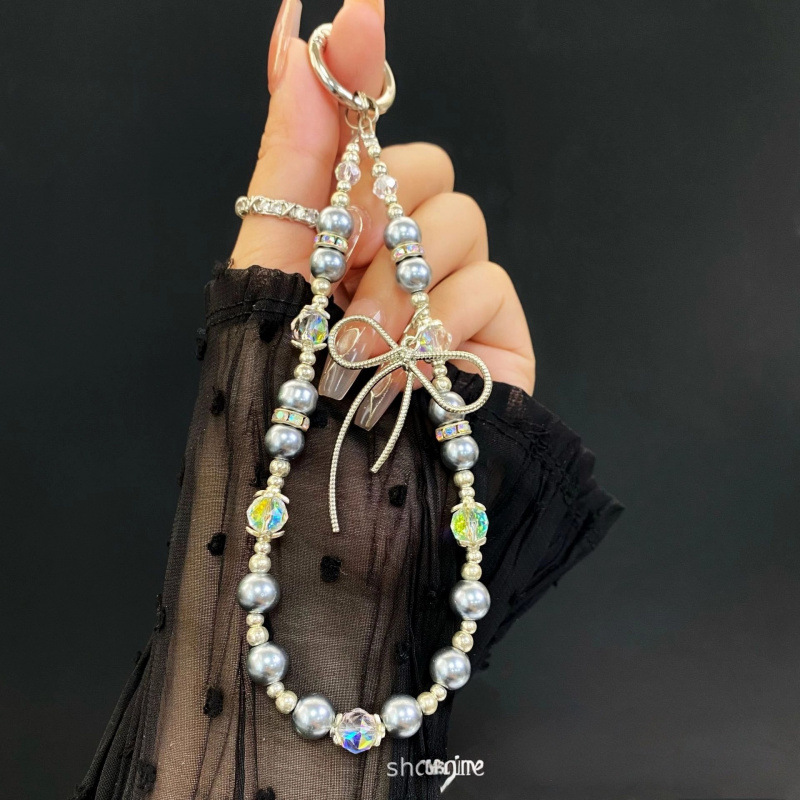 화이트 비즈 블랙 펄 보우 크리스탈 비즈 팔찌