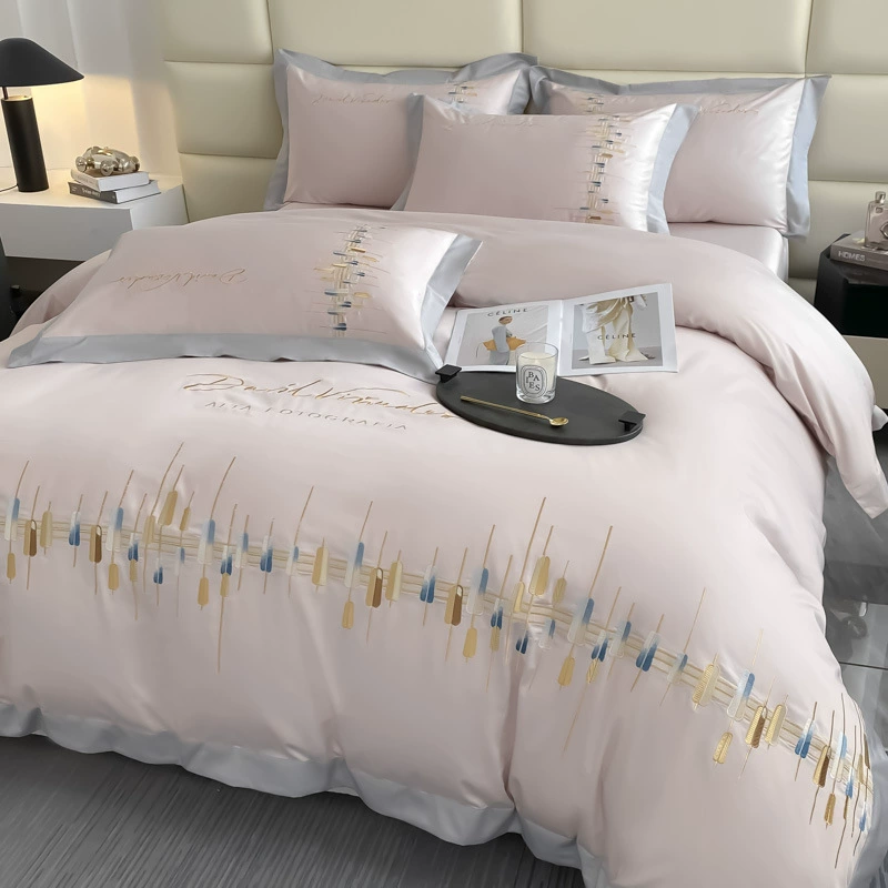 Современный модный хлопковый комплект простыня оптом стиль light luxury с вышивкой простого и элегантного дизайна комплект из 4 предметов