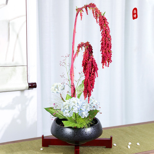 Japanese flower arrangement flower arrangement Ohara-ryu ikebana Chinese flower arrangement creative black Zen ceramic flower pot hydroponic flower tray