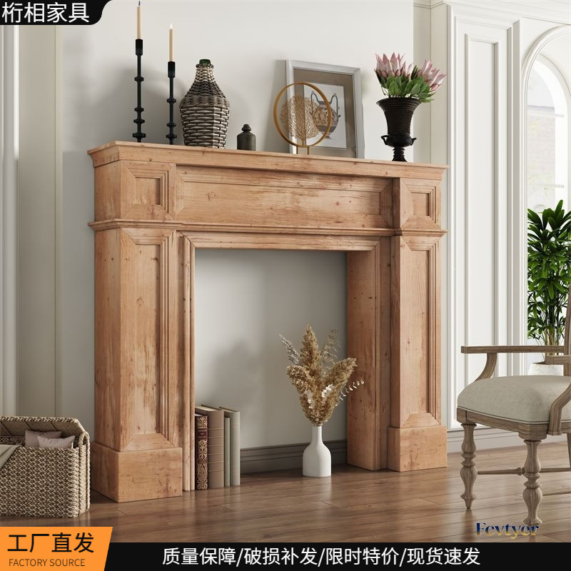 French-Style Vintage Solid Wood Fireplace Decorative Cabinet, European and American Style Black and White Fake Fireplace Shelf, Homestay Photography Prop
