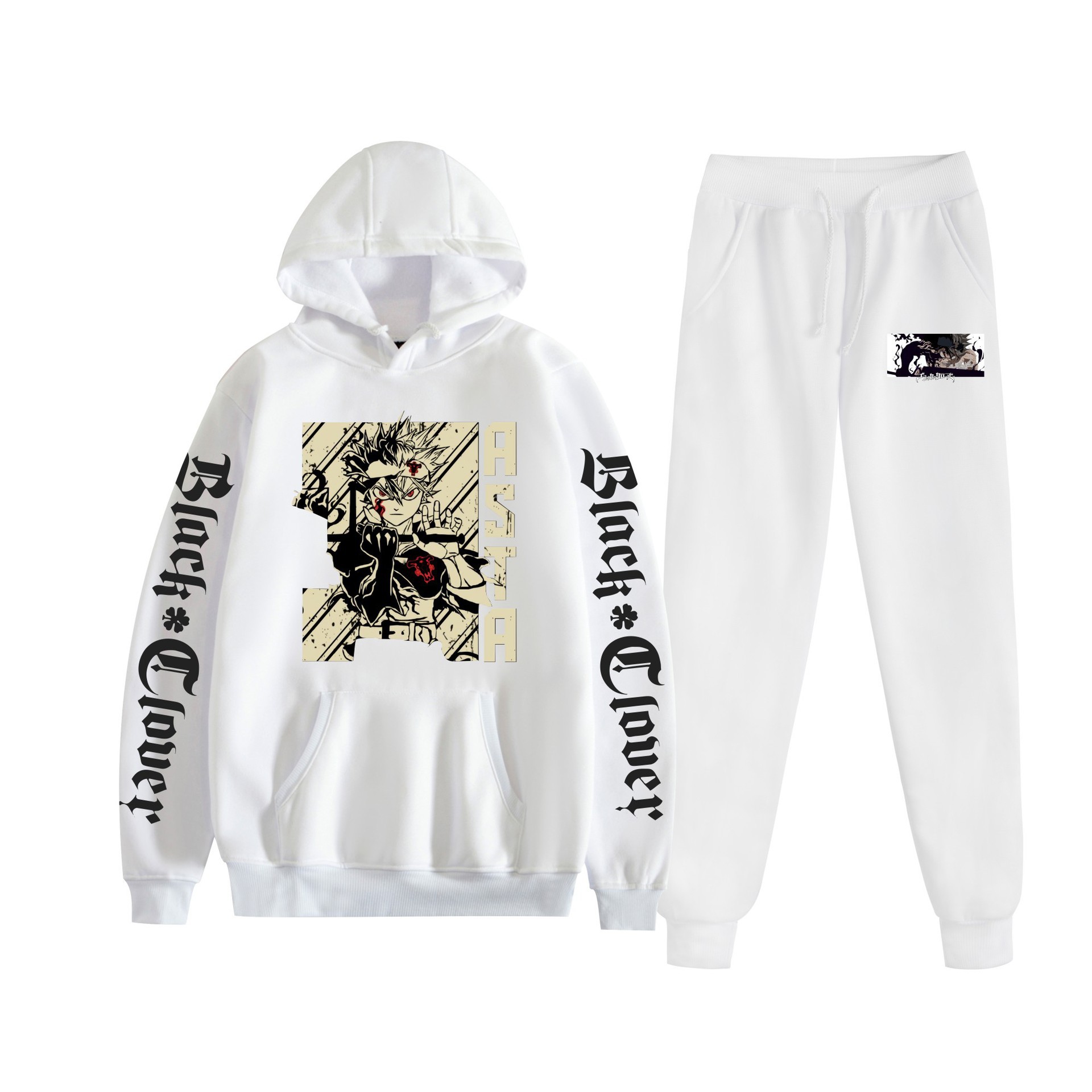 Trébol de cuatro hojas negro nuevo estilo transfronterizo Black Clover pareja suéter con capucha hombres y mujeres pantalones de dos piezas