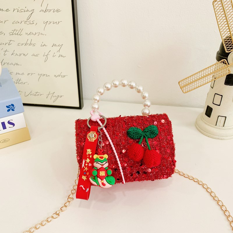 2025 rojo festivo bolso de Año Nuevo para niños estilo occidental perla bolso de niña hilo bordado bowknot bandolera para niños