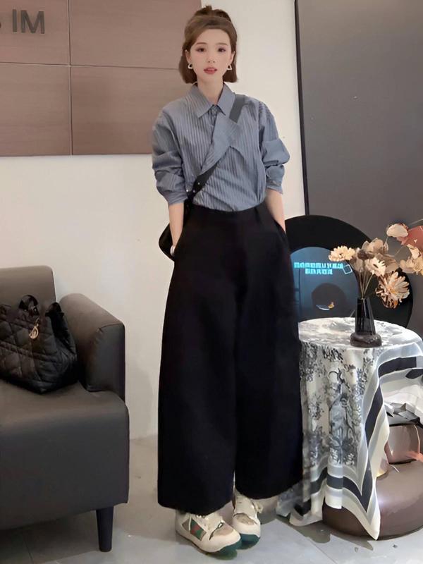 春秋季新款女士设计感穿搭一整套时尚衬衫休闲阔腿裤套装|undefined